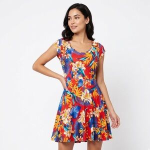 Bobbie Brooks Red Tropical Floral Skater Dress with Blue & Yellow Accents